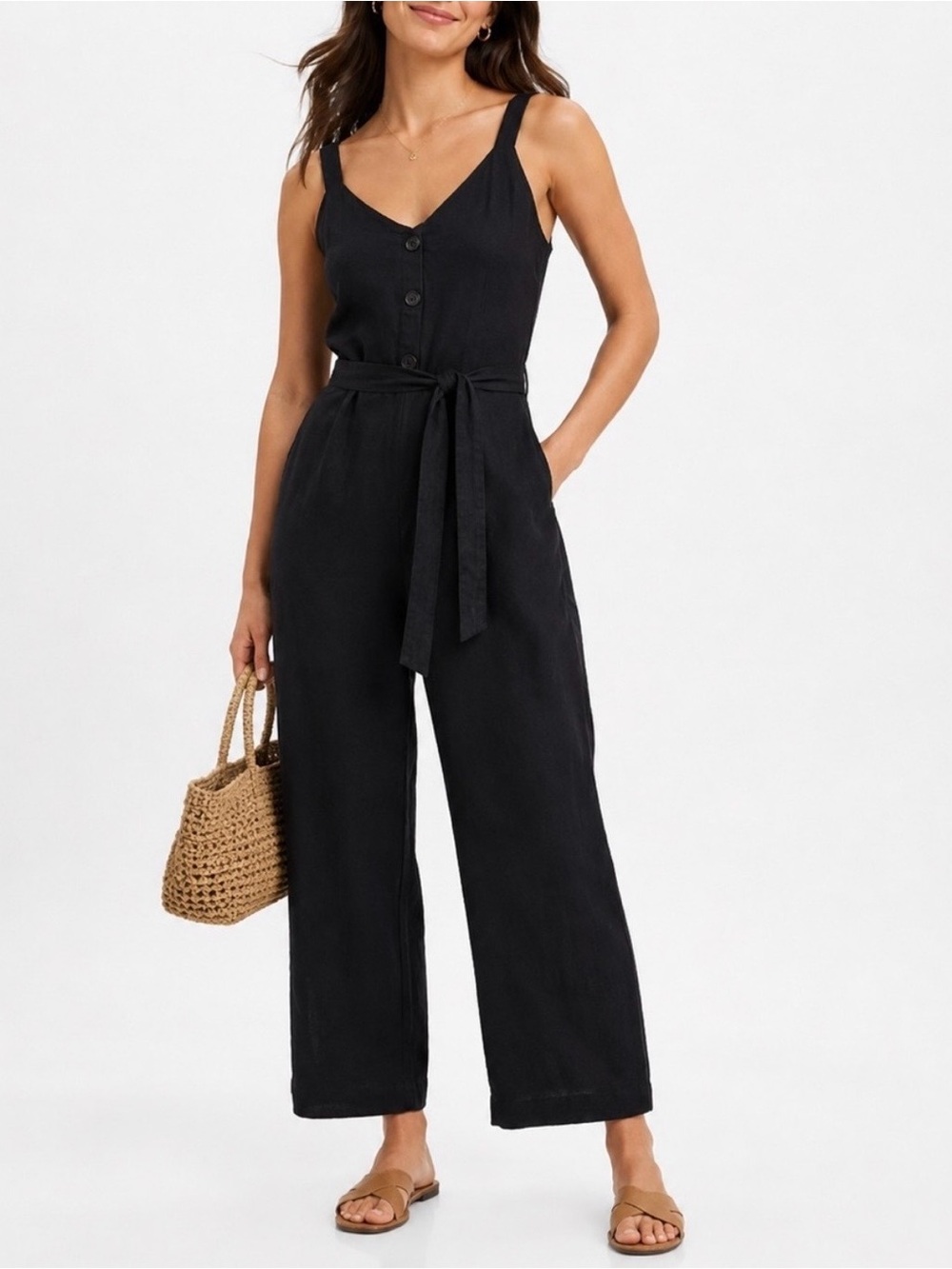 GAP Black Sleeveless V-Neck Button Front Tie-Waist Jumpsuit- 4P
